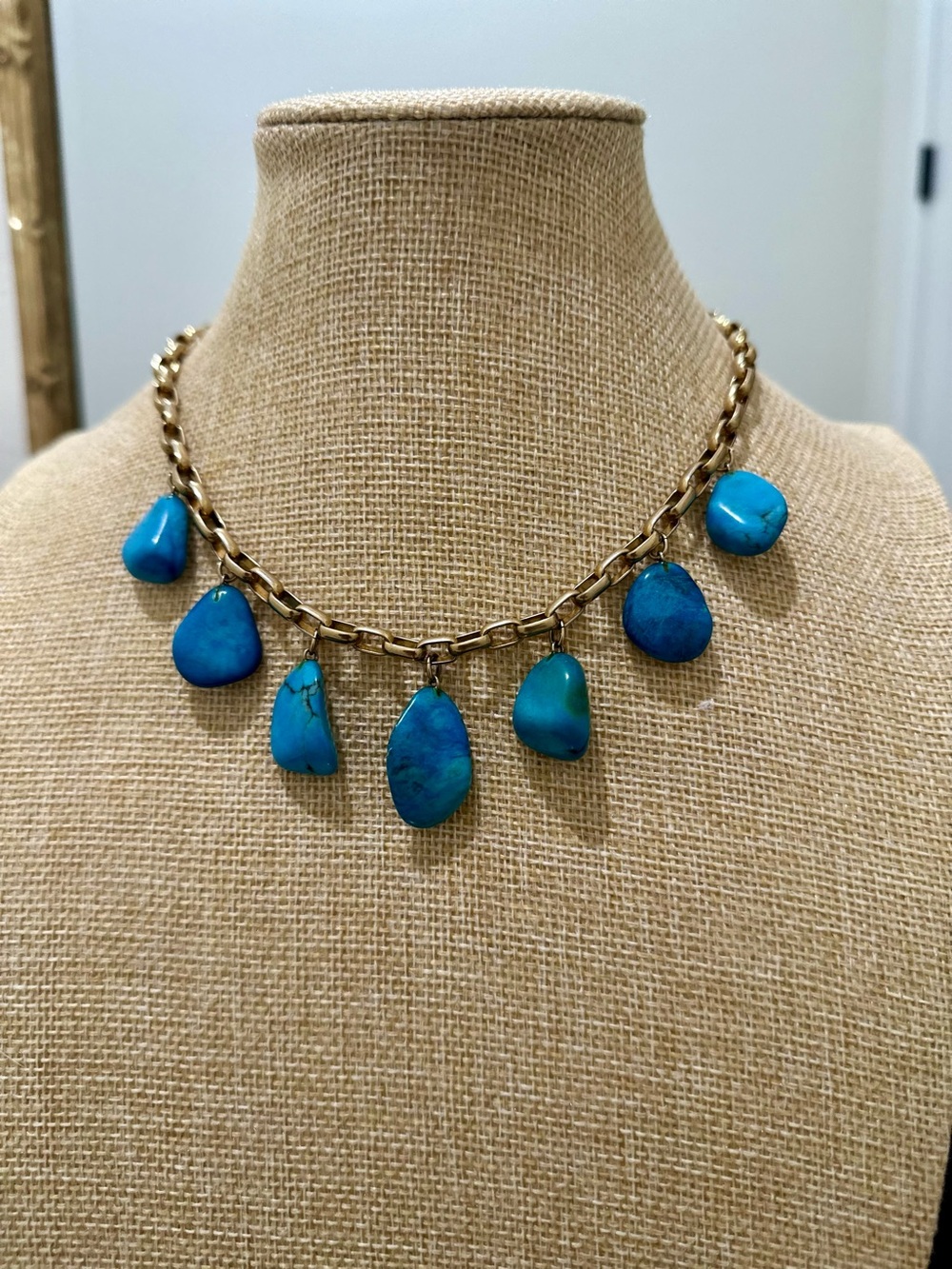 Turquoise Stone Charm Necklace - Blue Pendant on Gold Link Chain